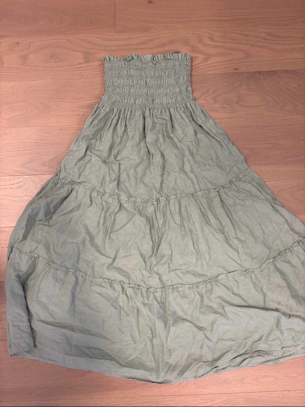 MANGO Smocked Strapless Tiered Maxi Dress in Sage Green size S